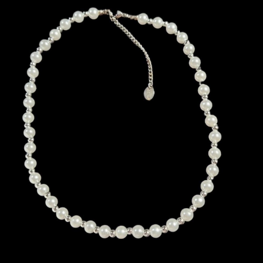 Claires pearl and silver bead necklace